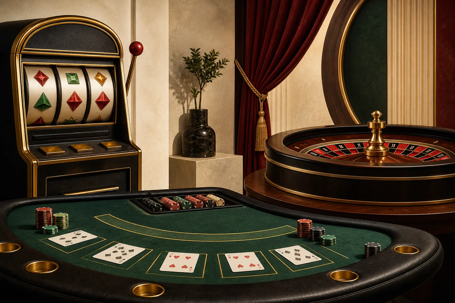 Composição de slot, blackjack e roleta ao vivo em cenário editorial