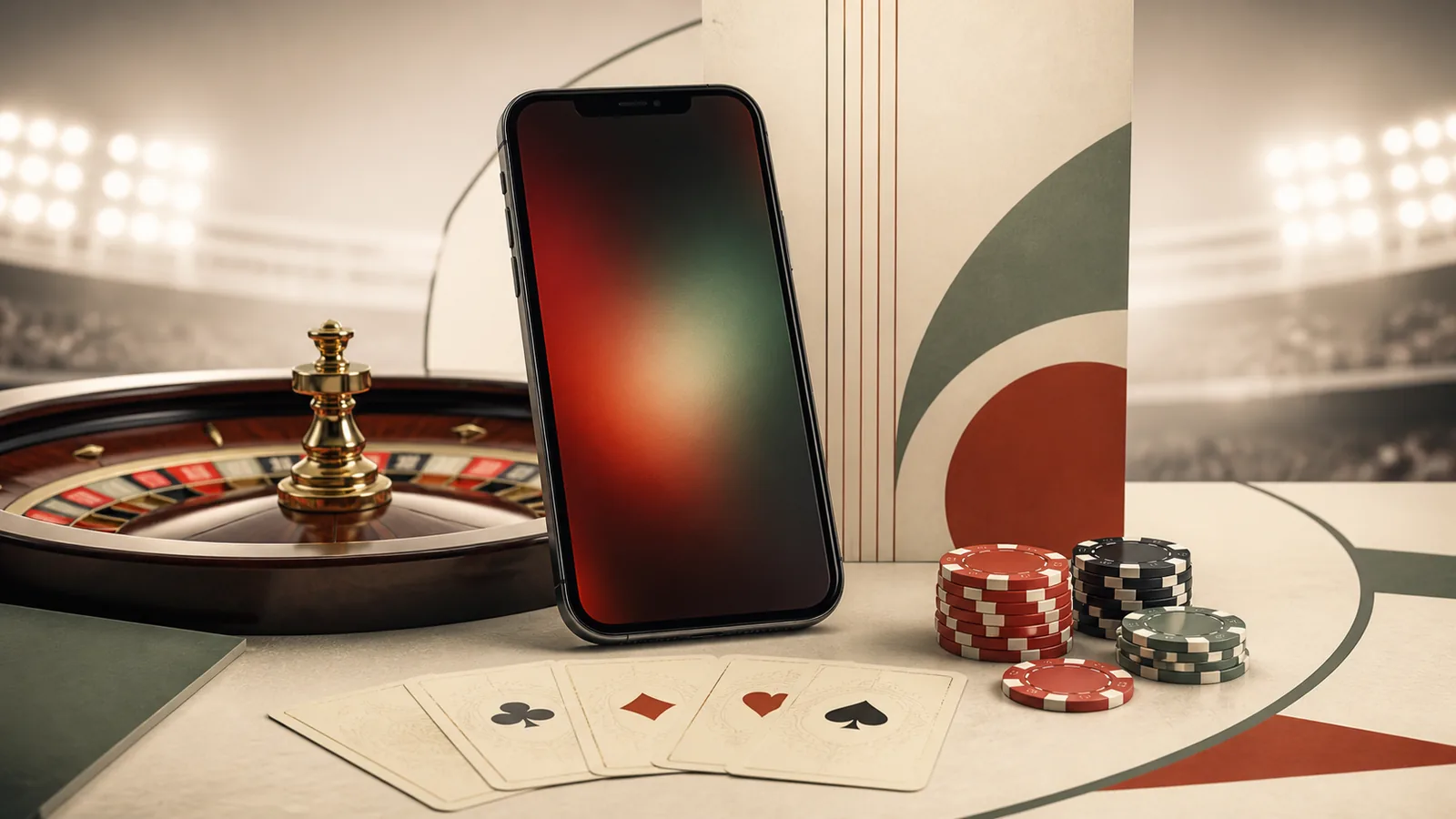 Ambiente editorial de cassino online com celular, roleta e cartas
