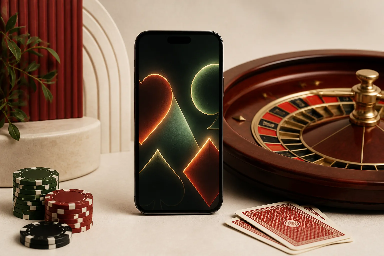 Celular em ambiente de cassino com roleta e cartas genéricas