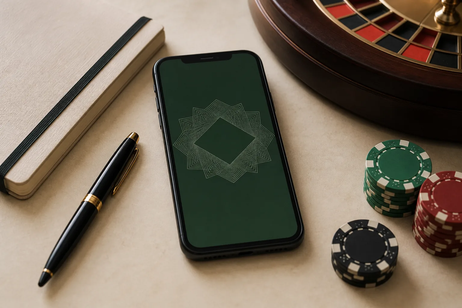 Celular com confirmação abstrata ao lado de fichas de cassino