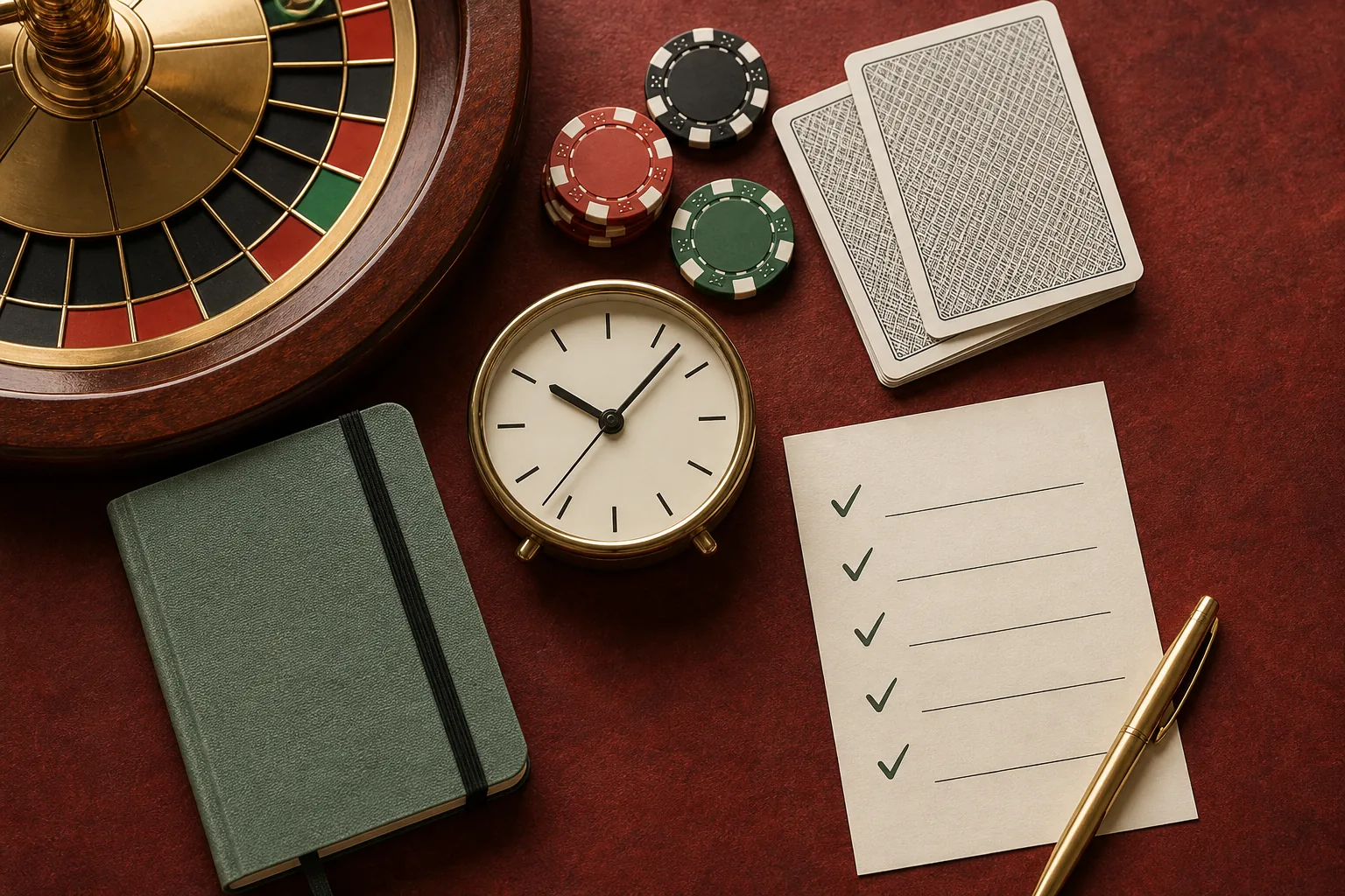Mesa editorial com cartas, relógio e controle de orçamento